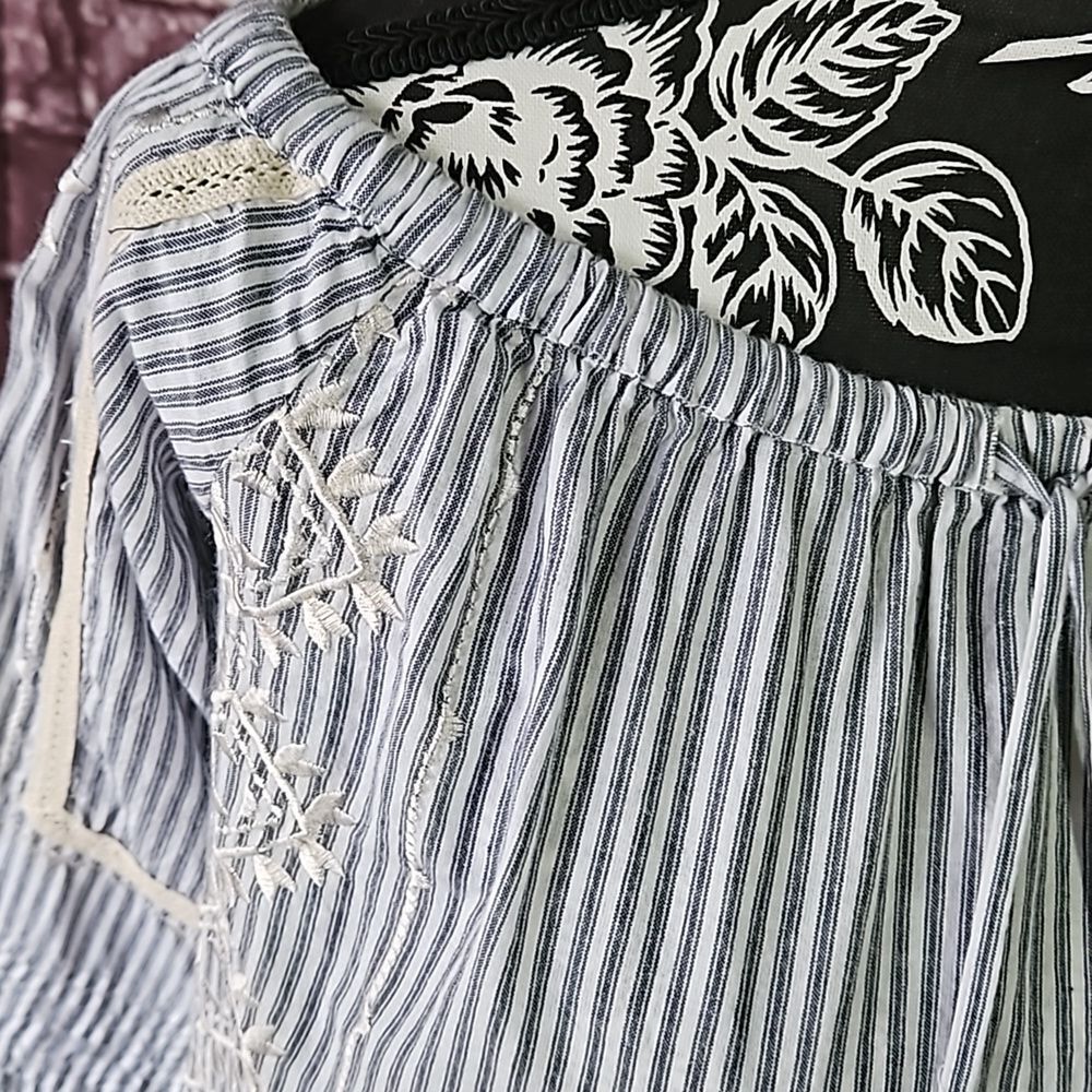 Love Sam Off Shoulder,Pinstriped,Boho Embroidered Top with Layered Cuffs - Picture 2 of 11